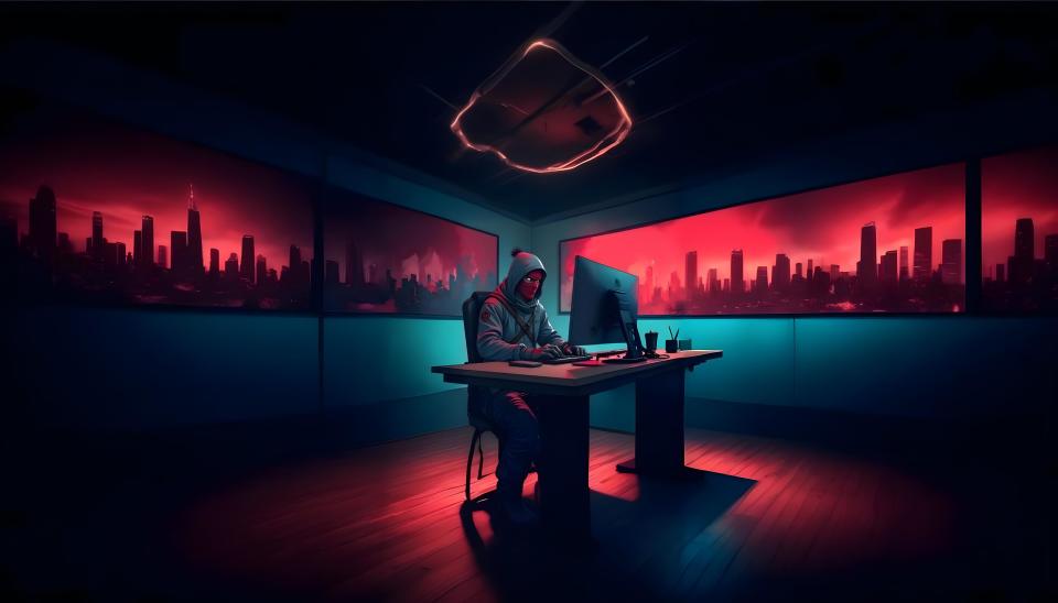 Masked figure coding at a desk illuminated by a red and cyan neon cityscape